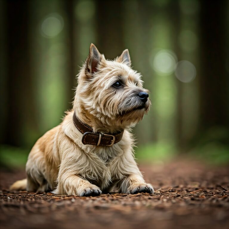 A Cairn Terrier with a sandy-colored wiry coat standing in a wooded area, looking alert and curious.