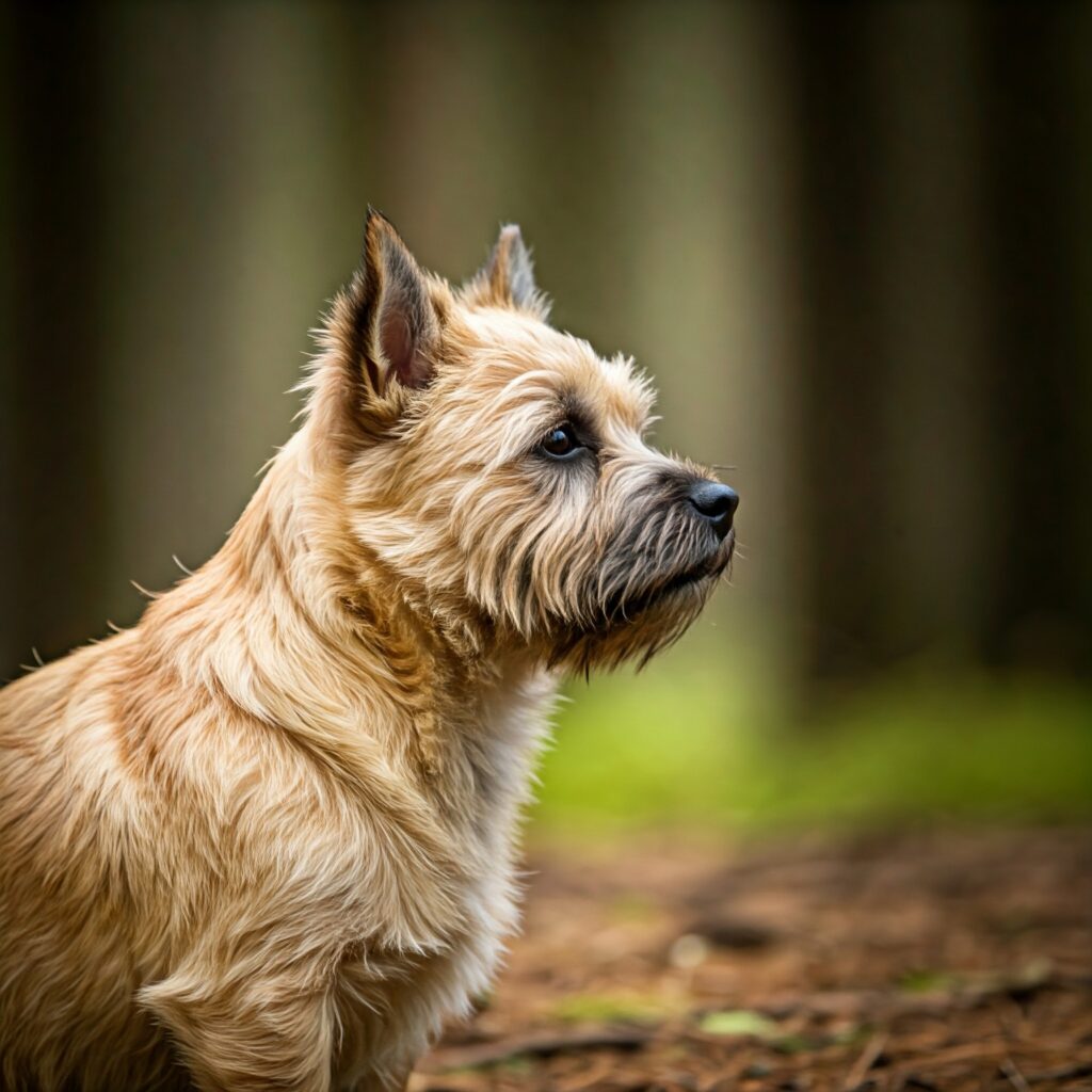 A Cairn Terrier with a sandy-colored wiry coat standing in a wooded area, looking alert and curious.