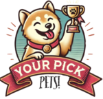 Your Pick, Pets! logo with a smiling dog holding a trophy, showcasing love and pride for pets.