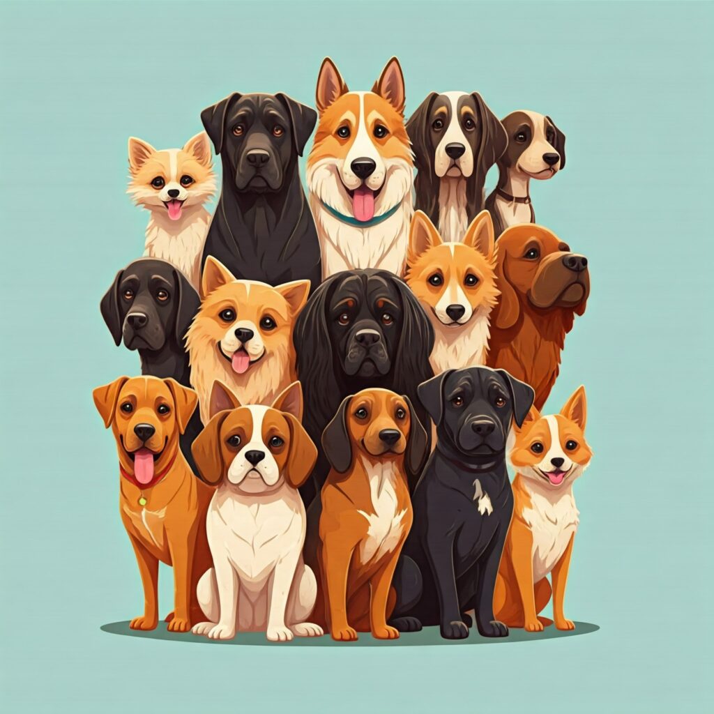 Group of diverse dog breeds showcasing options for choosing the right dog, including large and small dogs with different traits.