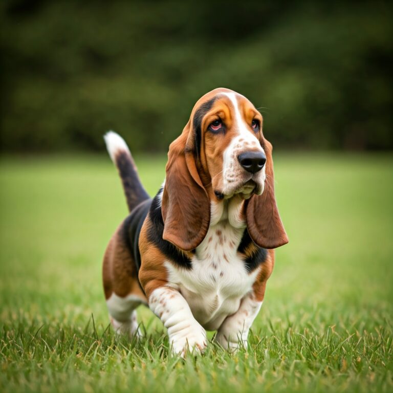 A lovable Basset Hound with long floppy ears and a tri-color coat, walking gracefully on the grass.