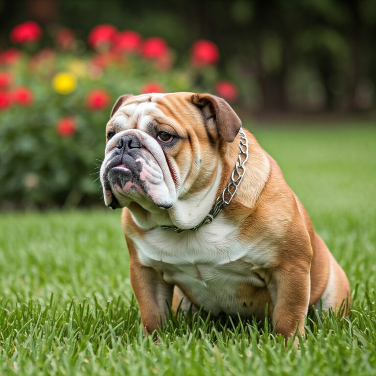 English Bulldog sitting on grass with vibrant red flowers in the background