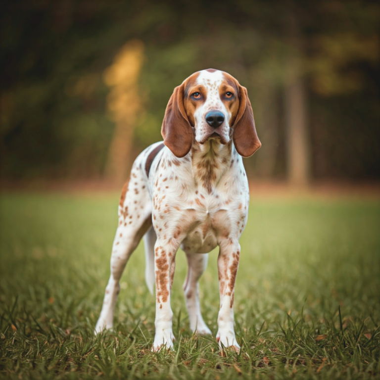 American English Coonhound with a white and red speckled coat standing on grass