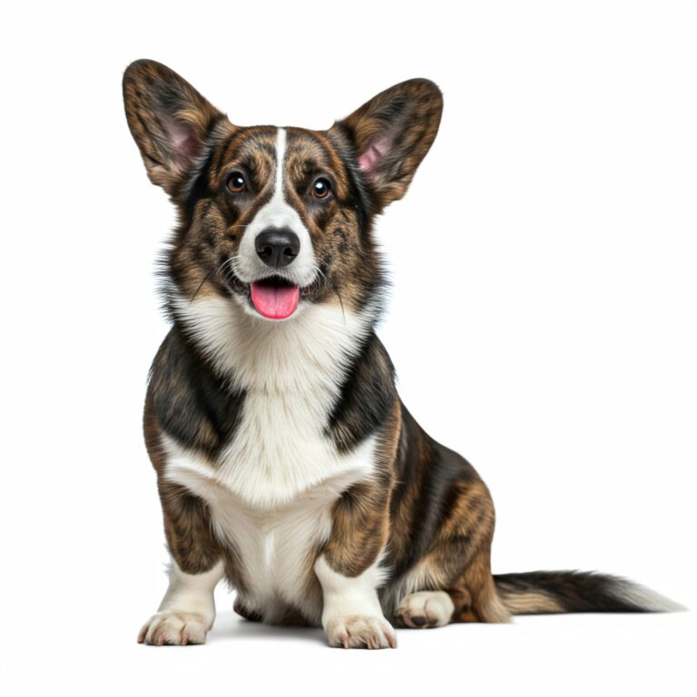 A tricolor Cardigan Welsh Corgi with large, upright ears sitting against a white background.