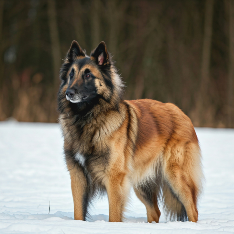 Belgian Tervuren with a fluffy coat standing in the snow, looking alert.