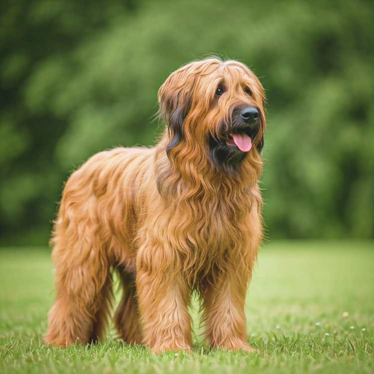 A long-haired tan Briard standing on a grassy field, tongue out and looking happy.