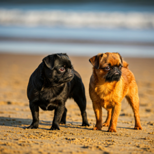 Black and red Brussels Griffon puppies standing together on a sandy beach