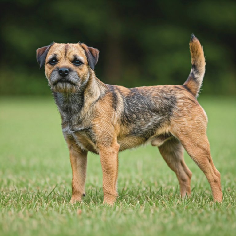 Border Terrier with a wiry tan and black coat standing on grass