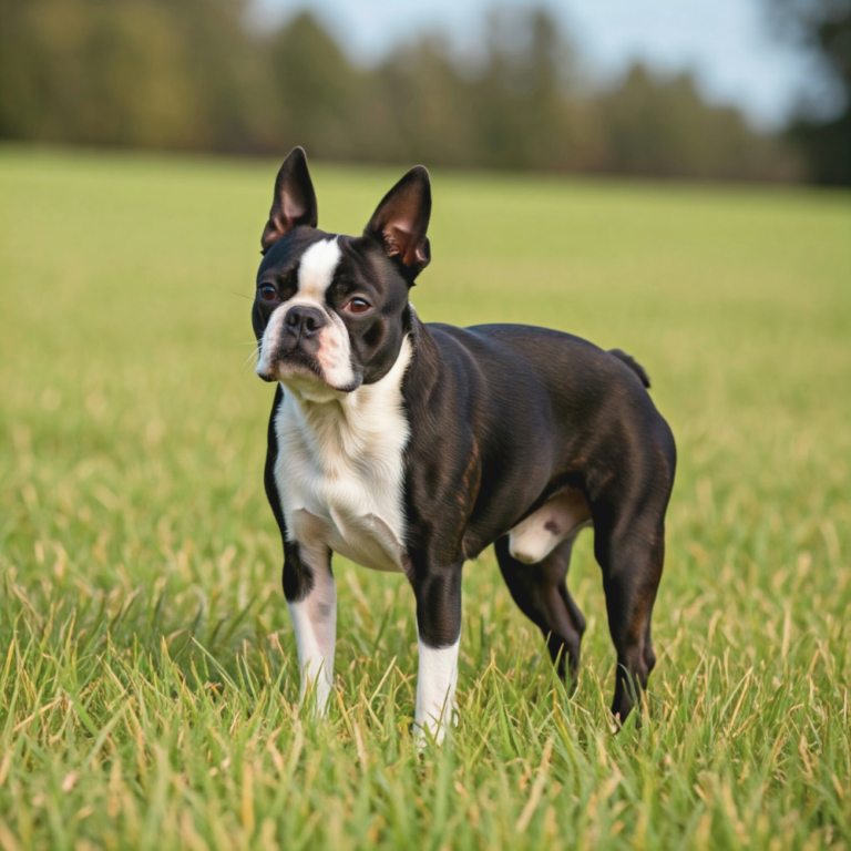 Boston Terrier with a black and white coat standing confidently on grass