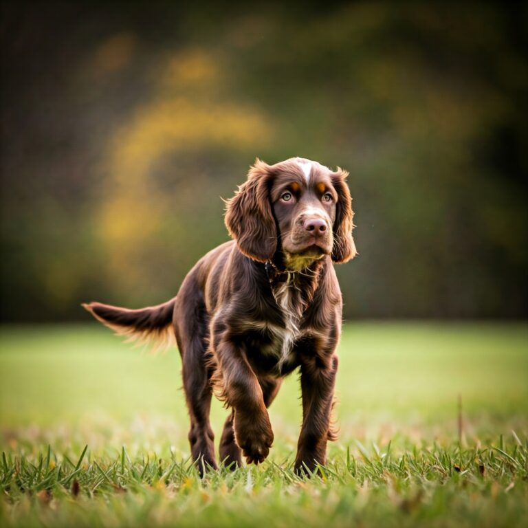 A curious Boykin Spaniel with a glossy brown coat strolling outdoors.