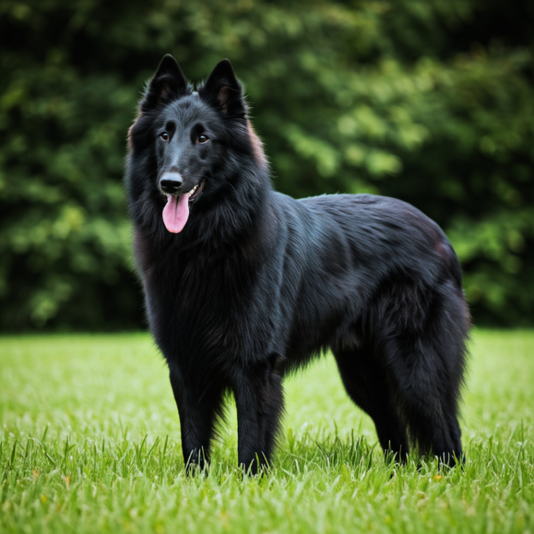 Belgian Sheepdog with a long black coat standing confidently on grass