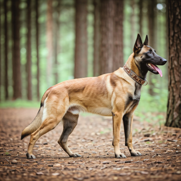 Belgian Malinois with a fawn coat standing in a forest path