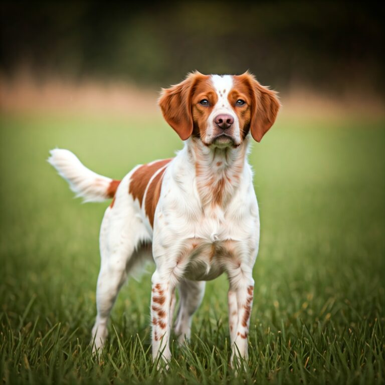 A lively Brittany Spaniel with a white and orange coat standing alertly on a grassy field.