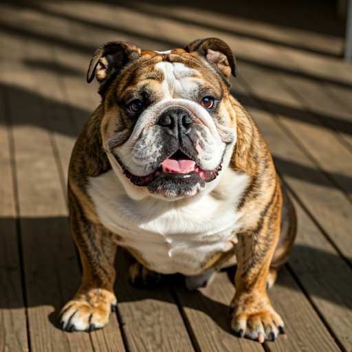 English Bulldog with a brindle coat sitting on a wooden deck, smiling