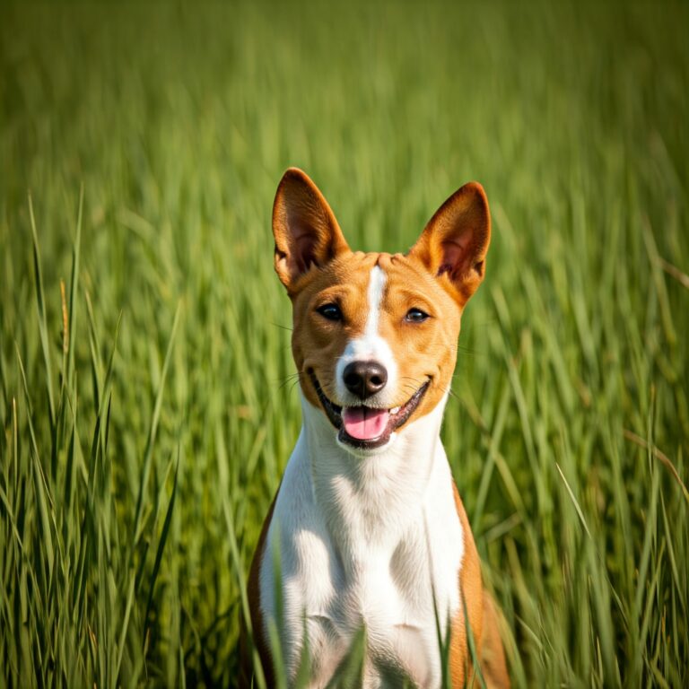 A happy Basenji with a reddish-brown and white coat sitting in a lush green field, its ears perked and eyes bright.