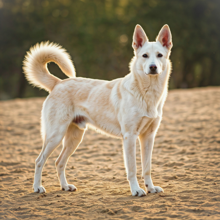 A sleek Canaan Dog with a light cream coat standing alert on sandy terrain, tail curled over its back.