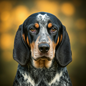 Close-up of a Bluetick Coonhound with a striking black, tan, and blue mottled coat