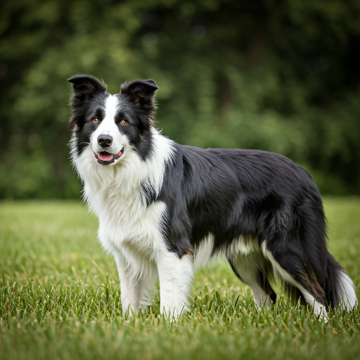 Black and white Border Collie standing on grass with an alert expression