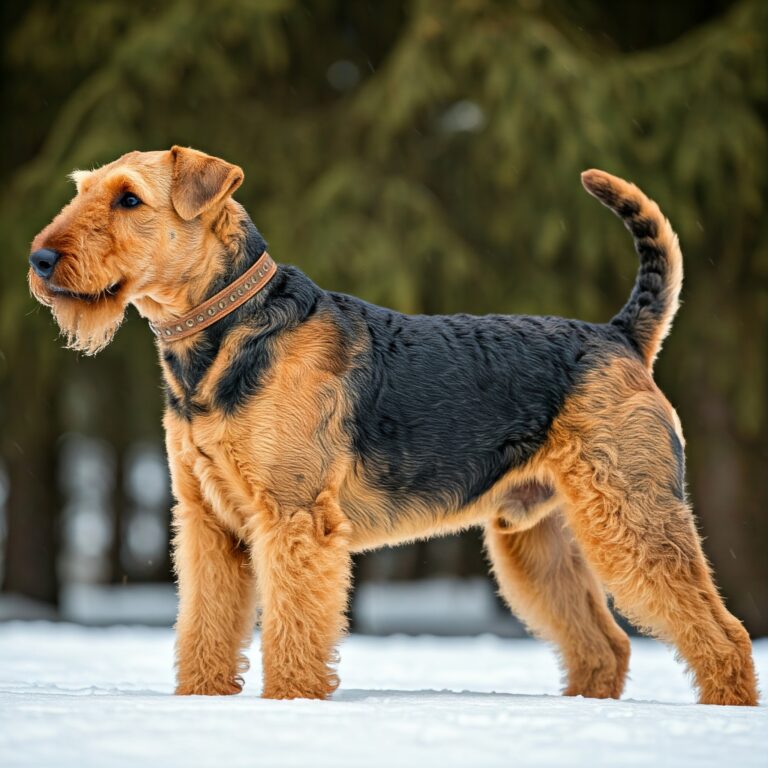 A proud Airedale Terrier with a black and tan coat standing in the snow, wearing a leather collar.