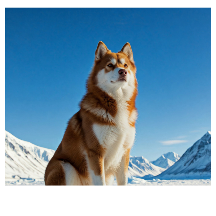 A stunning red-and-white Alaskan Malamute sitting confidently against a backdrop of snowy mountains and a clear blue sky.