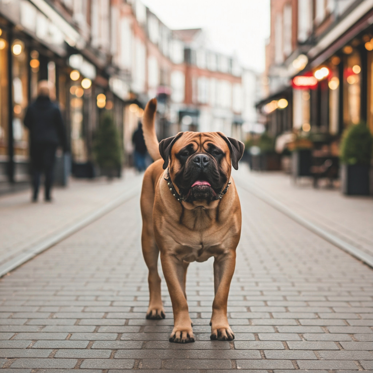 A powerful Bullmastiff standing confidently on a brick-paved street in a lively town setting.