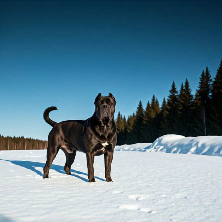 Cane Corso with a black coat standing confidently on snow with a forest in the background