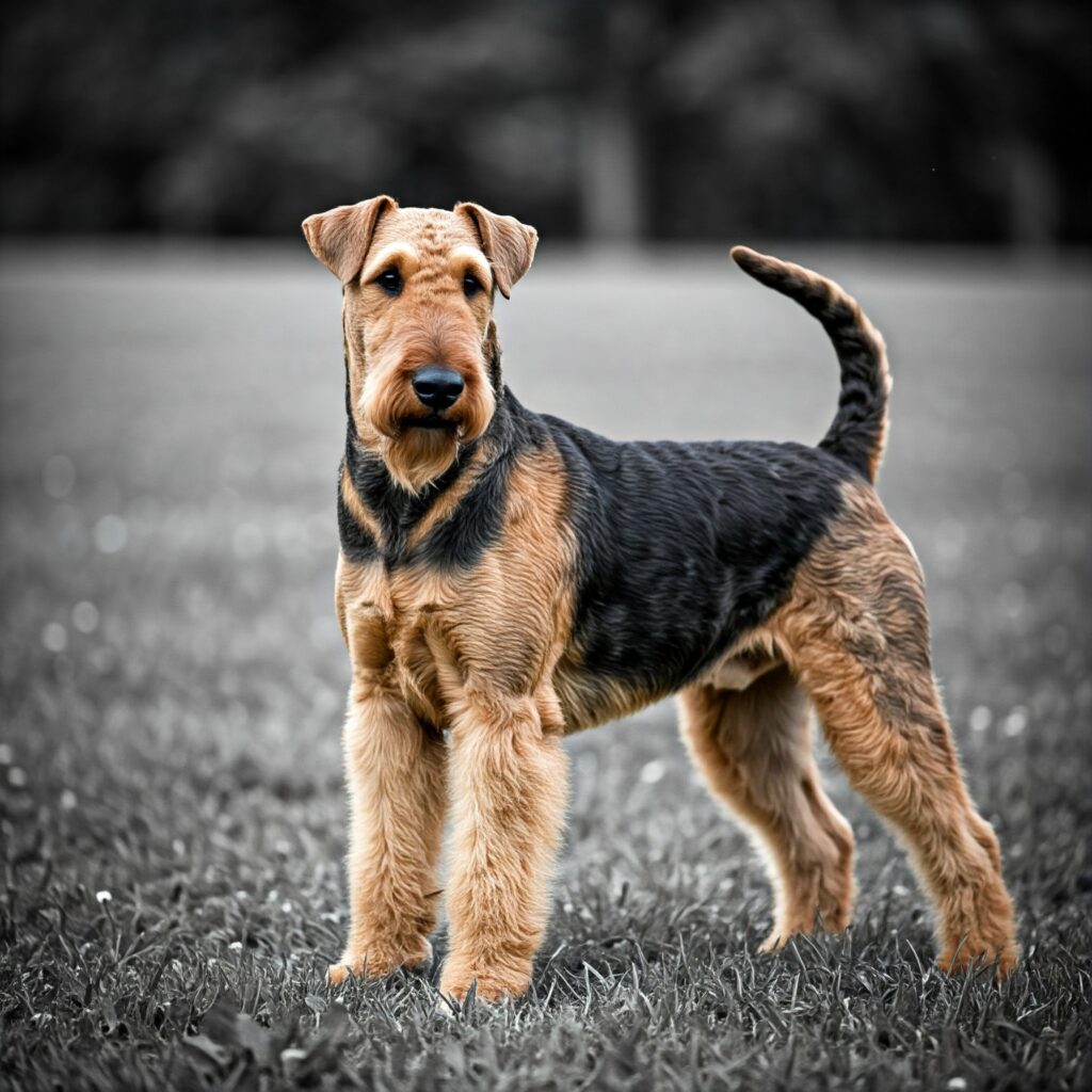 A majestic Airedale Terrier standing on grass, showing off its wiry tan and black coat, upright posture, and alert expression.