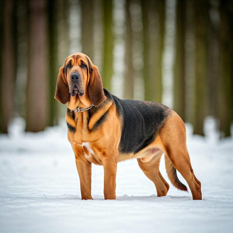 Bloodhound with a black and tan coat standing alertly in the snow