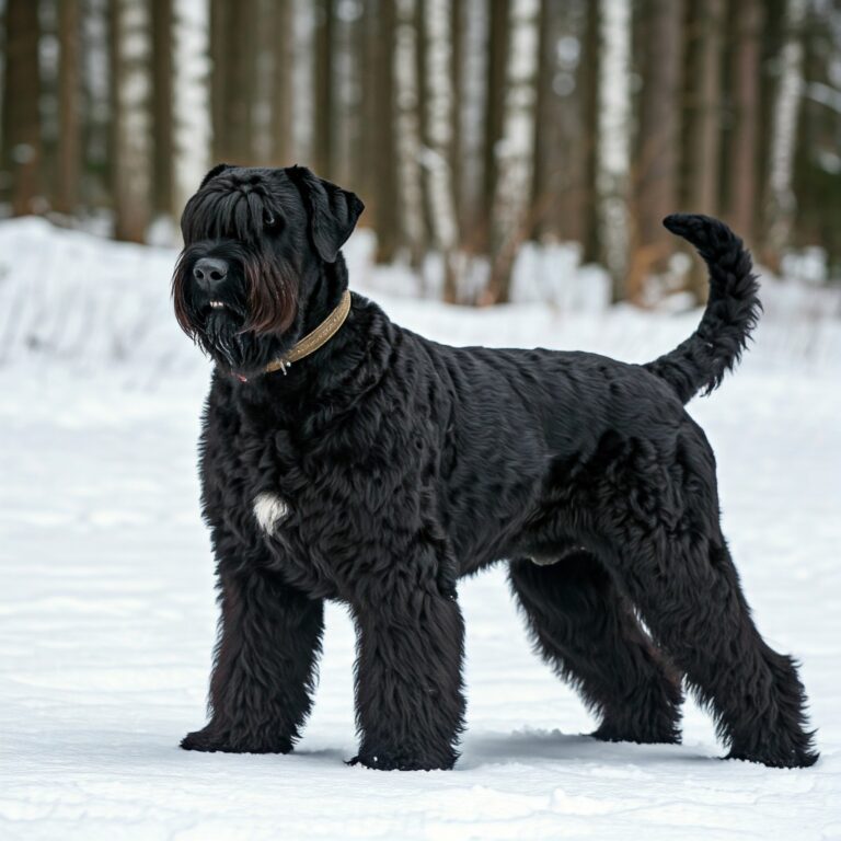 Black Russian Terrier standing in a snowy forest, showcasing its thick black coat and strong build