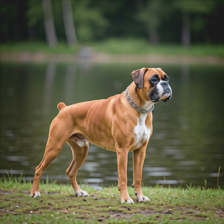 A muscular fawn Boxer with a white chest standing by a lake, wearing a silver collar.