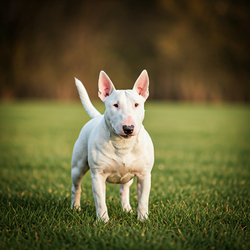 Bull Terrier with a white coat standing confidently on grass