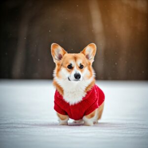 A Pembroke Welsh Corgi in a red sweater sitting in the snow, looking confident and adorable.