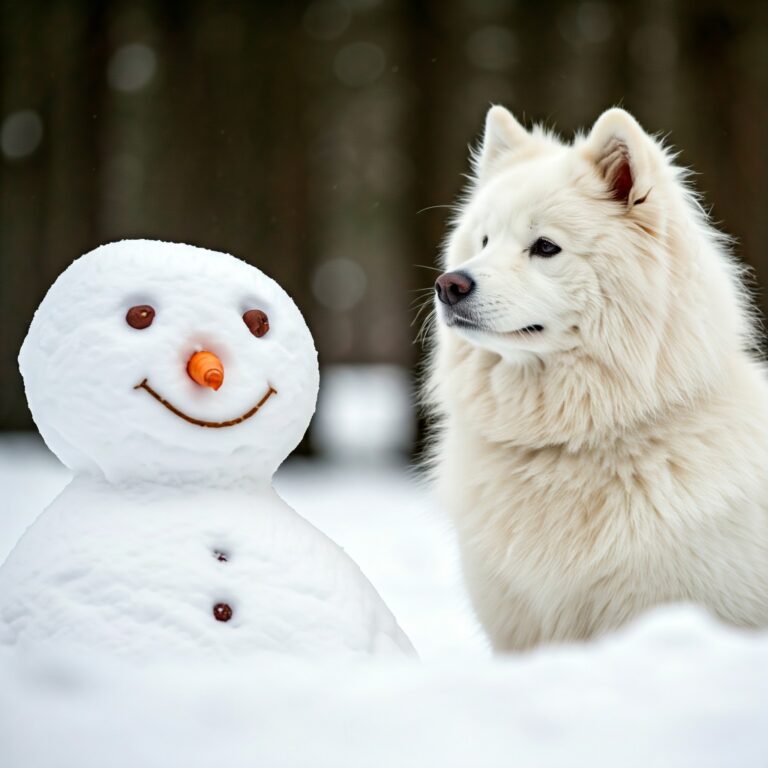 A fluffy white Samoyed standing next to a cheerful snowman with a carrot nose, surrounded by a snowy forest, looking cute and playful