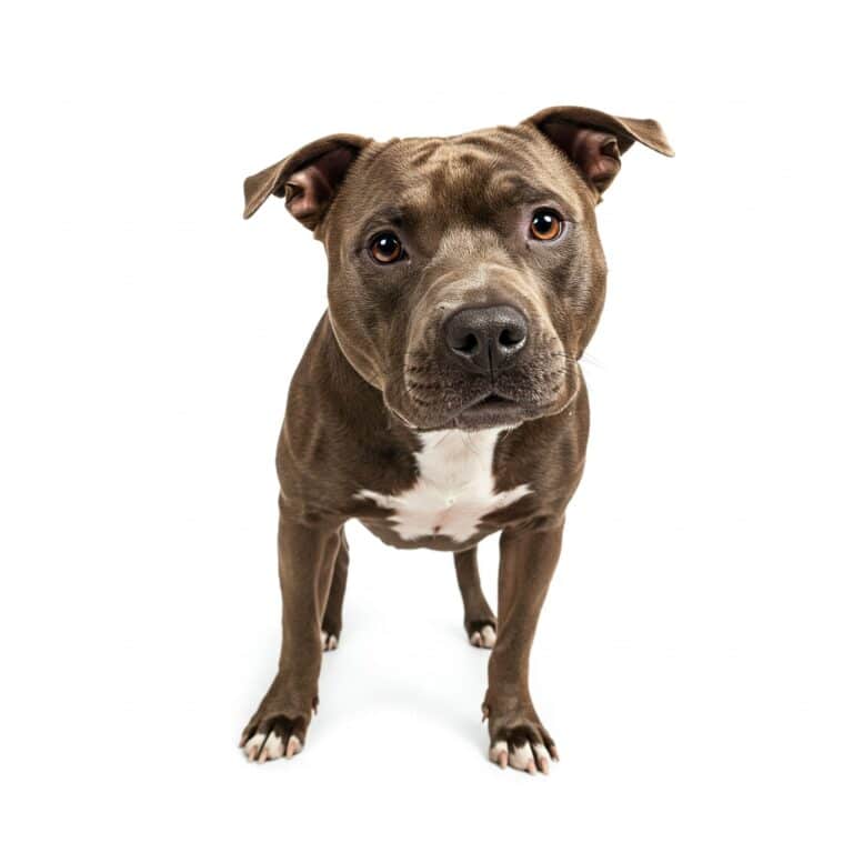 Full-body view of an American Pit Bull Terrier with a lean, muscular frame, floppy ears, and an alert expression, showcasing its athletic build and its ranking among the most banned dog breeds worldwide due to restrictions in multiple countries.