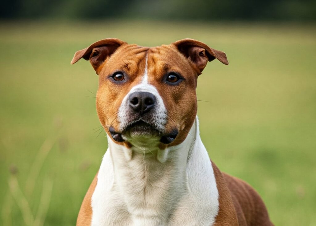 American Staffordshire Terrier standing on grass, a breed often included on banned dog breed lists due to its strong build and protective instincts