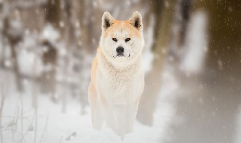 A stunning Akita with a thick, fluffy coat standing proudly in a snowy forest as soft snowflakes fall around it.