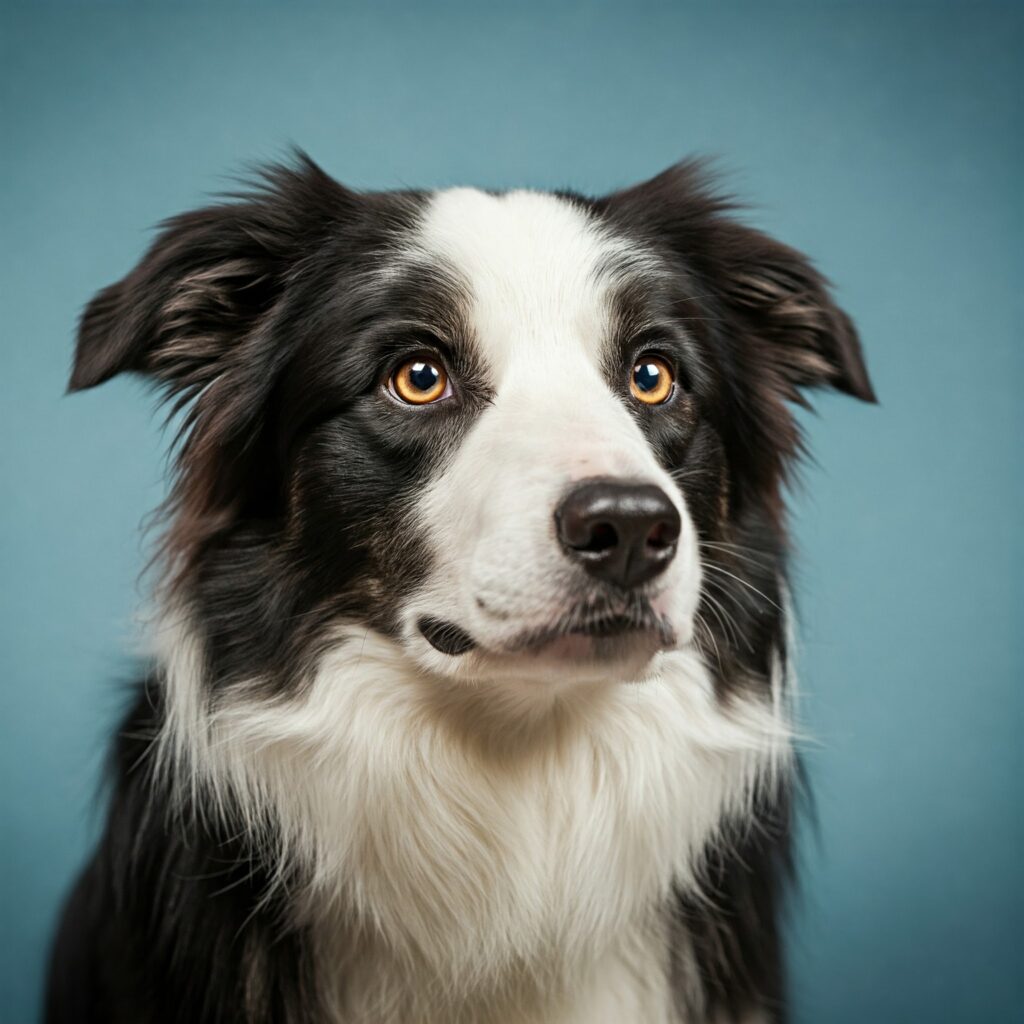 A gorgeous black-and-white Border Collie with captivating amber eyes, posing elegantly against a blue background.