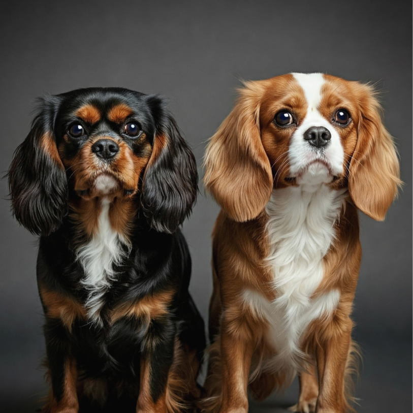 Two adorable Cavalier King Charles Spaniels, one black and tan and the other chestnut and white, sitting gracefully together against a dark background.