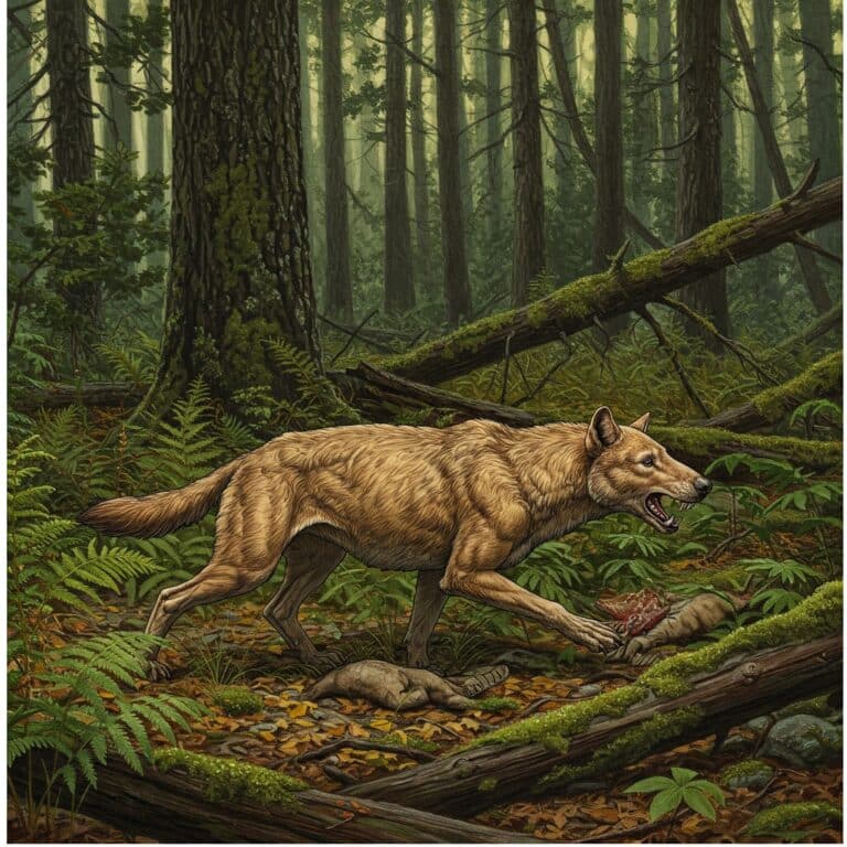 "Illustration of Canis lupus (gray wolf) in a forest, showcasing the wild origins of domesticated dogs. YPCKPets."