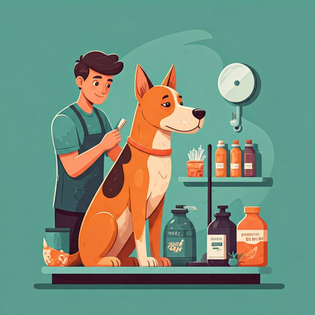 Dog at a groomer’s station surrounded by health and grooming products, promoting proper nutrition and hygiene for dogs. YPCKPets.	