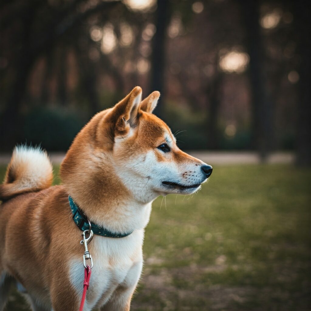 A stunning Shiba Inu on a leash, standing confidently in a park with a lush, serene background, exuding elegance and charm.
