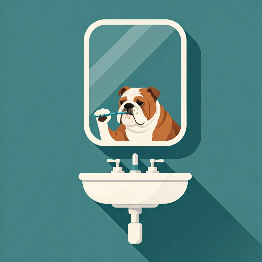 Cartoon Bulldog brushing teeth in front of a bathroom mirror, highlighting the importance of dog dental care. 