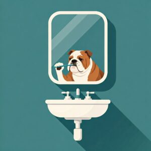 Cartoon Bulldog brushing teeth in front of a bathroom mirror, highlighting the importance of dog dental care.