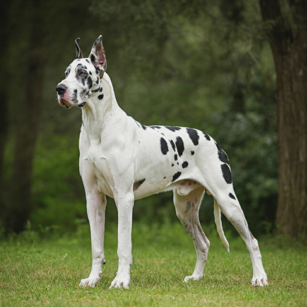 A magnificent harlequin Great Dane with a striking black and white coat standing proudly in a lush forest setting.