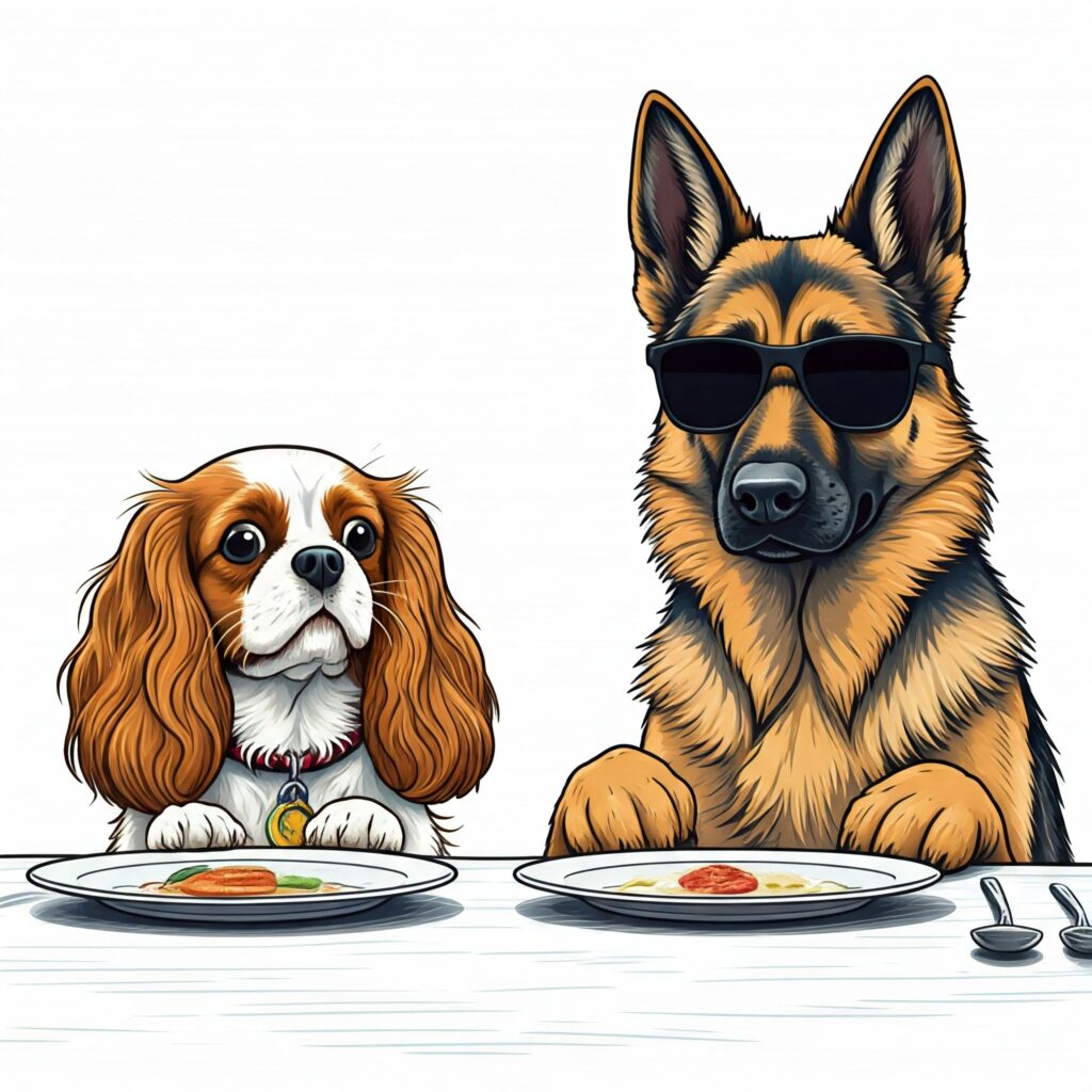 Illustration of a German Shepherd wearing sunglasses and a Cavalier King Charles Spaniel sitting patiently with food in front of them.