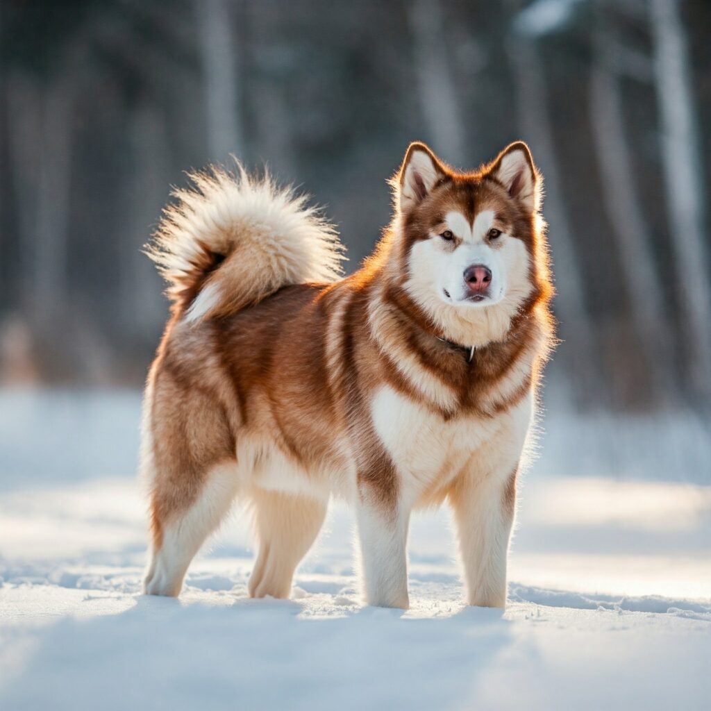 A stunning Alaskan Malamute with a thick, fluffy coat standing confidently in the snow, glowing in the winter sunlight.