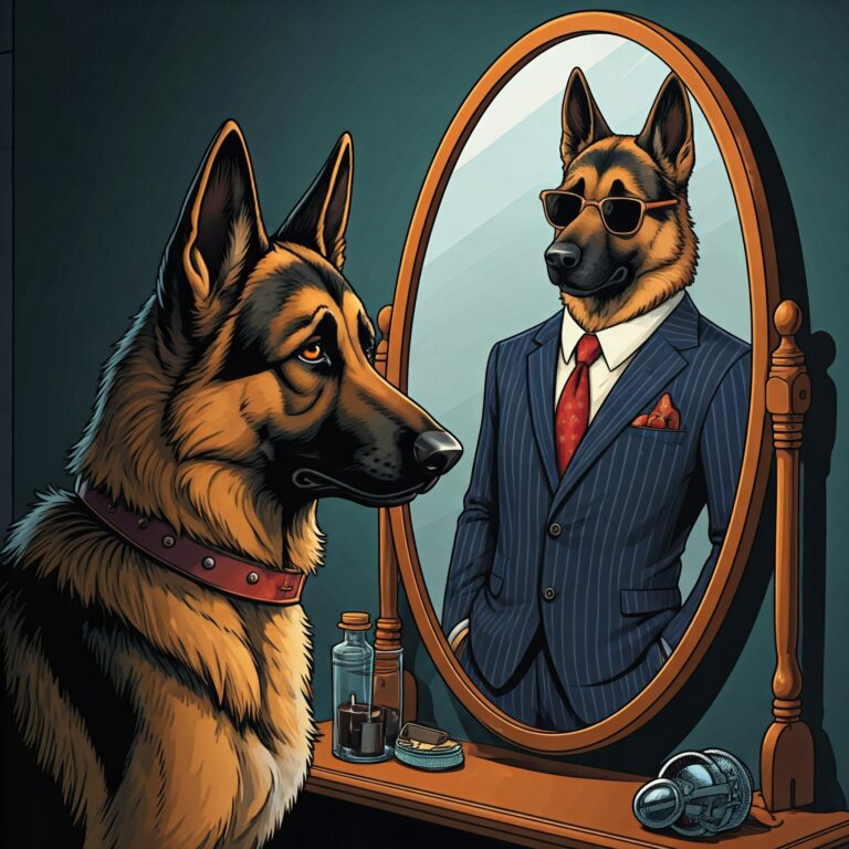 German Shepherd looking into a mirror, reflecting itself in a pinstripe suit with a red tie and sunglasses. YPCKPets.