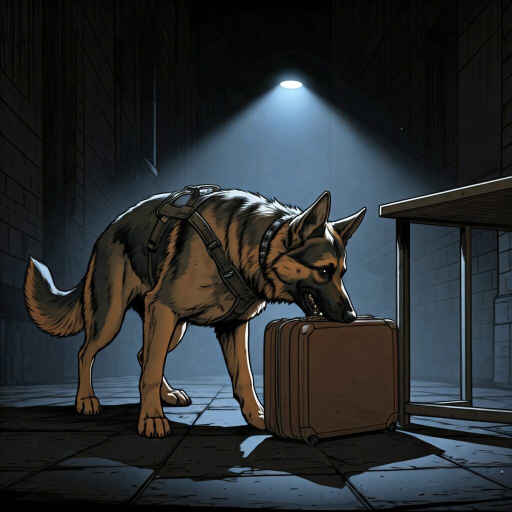 German Shepherd retrieving a suitcase in a dimly lit alley, showcasing advanced retrieval training.