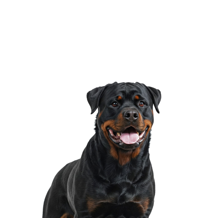 Front view of a Rottweiler standing against a white background, exuding strength and loyalty, featured in an infographic about banned dog breeds by YPCKPets.