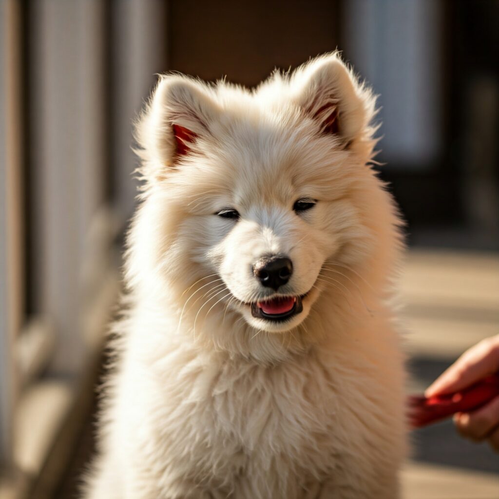 A fluffy white Samoyed puppy smiling brightly while sitting on a sunny porch.